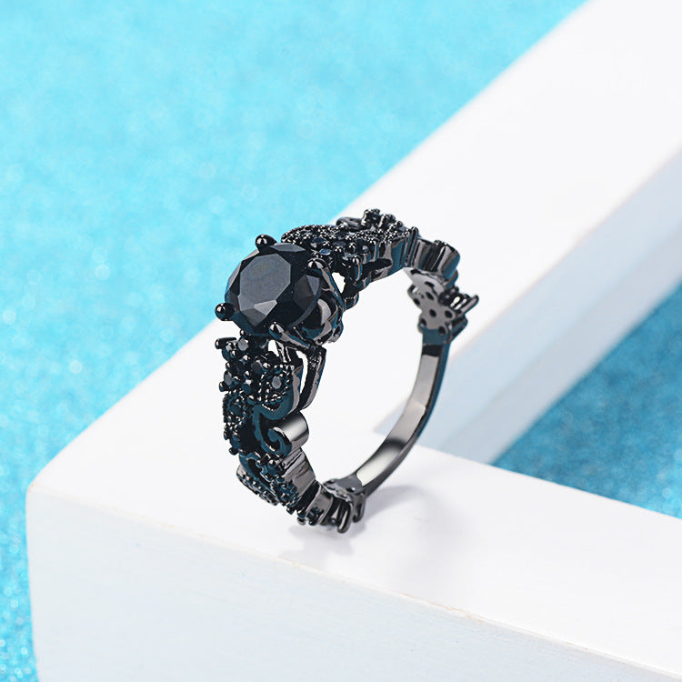 Punk Black Gold Ring – Electroplated Band with Inlaid Black Zircon Stone