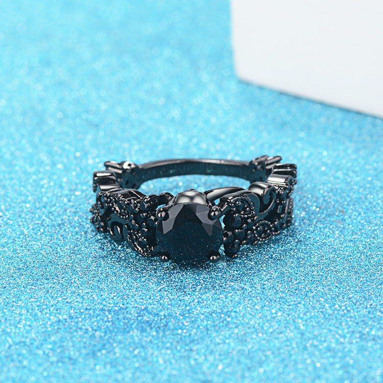 Punk Black Gold Ring – Electroplated Band with Inlaid Black Zircon Stone